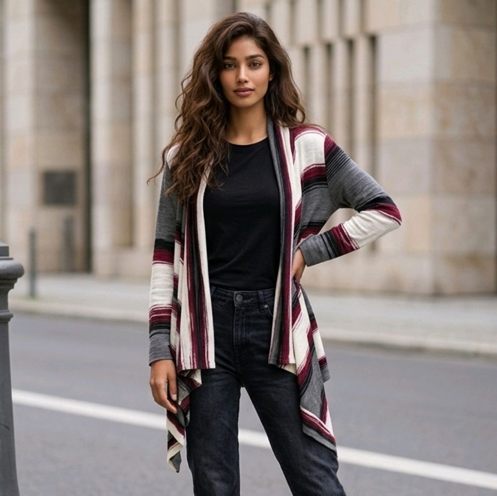 Worthington Striped Waterfall Cardigan Drapey Lightweight 2X Quiet Luxury Vibes